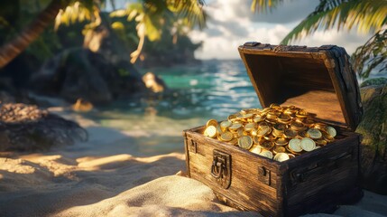 Close-up of an opened pirate treasure chest full of gold coins on a sandy beach of a tropical island.