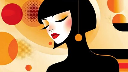 Graphic female beautiful stylish image, animated illustration with an elegant woman and geometric shapes around her