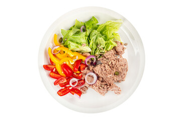 tuna salad fresh vegetables and seafood fresh tasty food dish gourmet food background on the table rustic food top view copy space keto and paleo diet Vegetarian and pescetarian diet