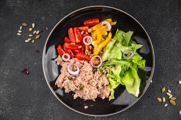 tuna salad fresh vegetables and seafood fresh tasty food dish gourmet food background on the table rustic food top view copy space keto and paleo diet Vegetarian and pescetarian diet