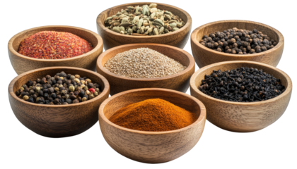 Aromatic Spices in Wooden Bowls Colorful Herb and Pepper Collection