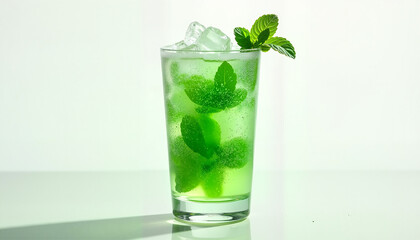 Iced green mint drink with ice and fresh mint leaves in a simple glass