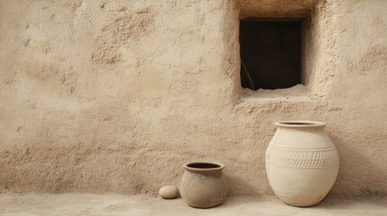 Two clay pots sit against a textured mud wall with a small window.