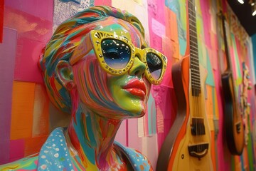 Colorful pop art statue wearing sunglasses in front of guitars and colorful wall