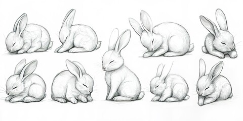 Various poses of cute, sleeping rabbits in a simple artistic style highlighting their cozy nature
