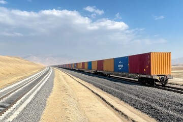 Obraz premium Colorful Cargo Train Across the Desert Landscape