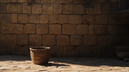 Naklejka premium A rustic woven basket sits against a sunlit stone wall.