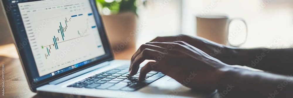 Poster businessman is using laptop showing candlestick chart. analyzing financial data for investment strat
