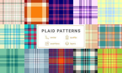 A collection of plaid patterns with colorful checks, ideal for textile, fabric, clothing, or celtic-inspired backgrounds.