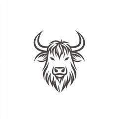 Stylized yak head, front view, simple line art,  white background