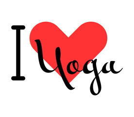 I love Yoga creative slogan. Hand drawn letters with red heart. Vector illustration, lettering in modern design