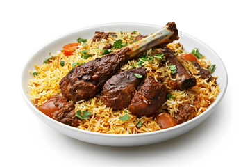 Fototapeta premium Traditional Goat Legs Kabuli Biryani Dish, Isolated on a White Background for Use in Product Banners, Marketing Promotions, and Decorative Covers.