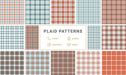 Twelve seamless vector plaid patterns in teal, orange, and white.  Perfect for textile design, apparel,  web backgrounds, and more. Highquality layered files for easy customization.