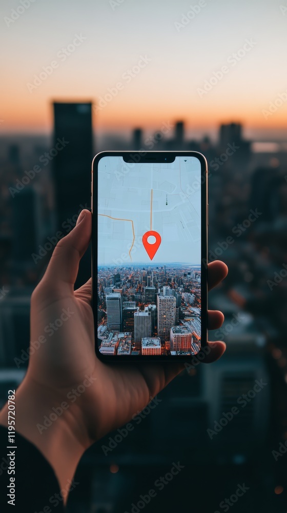 Poster Hand holding smartphone displaying navigation app with location pin over blurred cityscape background during sunset, showcasing modern travel and gps technology