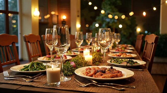 Ramadan Family Dinner Setting With Delicious Dishes and Elegant Decor for a Special Evening Gathering