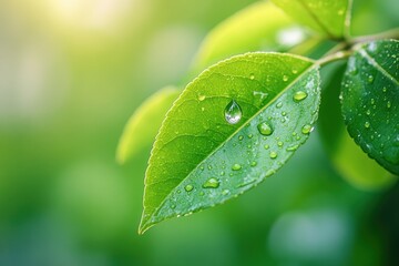 Dew-covered green leaves glistening in the morning sun after a refreshing rain shower. Generative AI