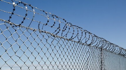 Close-up view of barbed wire fence emphasizing security measures at a military base with a dramatic cloudy sky in the background