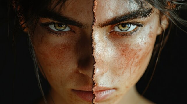 Stunning portrait of a young woman with striking green eyes and a dual-textured face. Generative AI