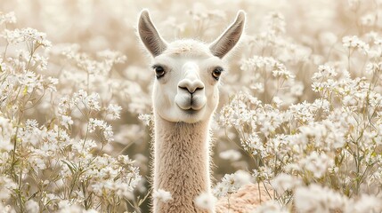 Fototapeta premium A close-up of a llama in a field of flowers with its head turned to the side