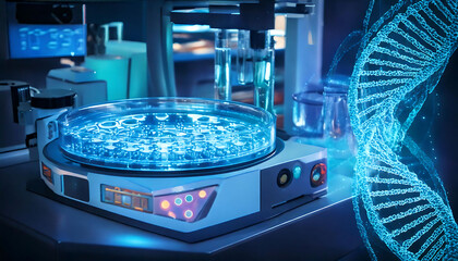 Close-up of advanced lab equipment, showcasing a futuristic rotating platform with glowing blue liquid samples.