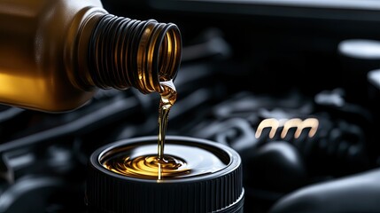 Hands carefully pour engine oil from a container into an open engine compartment, emphasizing the importance of vehicle maintenance