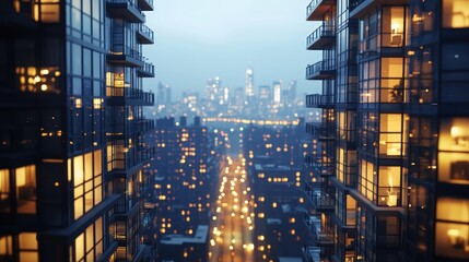 City skyline view at dusk featuring illuminated apartment buildings and city lights. Generative AI