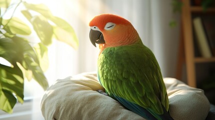 Colorful parrot resting peacefully in sunlit room with plants and cozy atmosphere. Generative AI