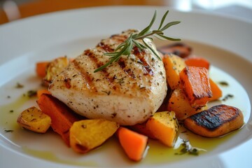 Grilled Chicken Breast with Roasted Vegetables on a White Plate
