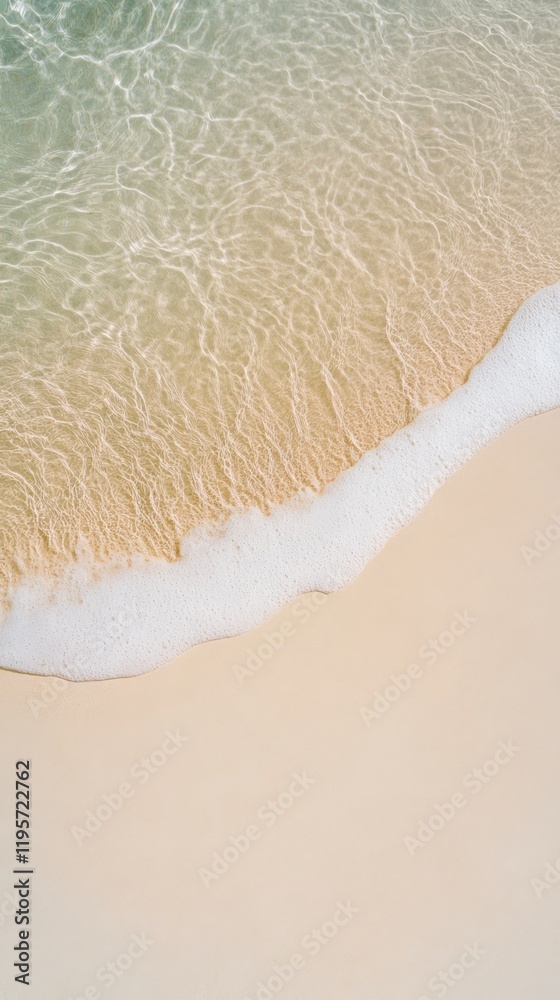 Poster soft waves gently rolling with white foam onto the sandy beach shore, creating a serene and tranquil