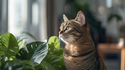 Tabby cat gazes thoughtfully out the window while sitting beside lush green plants indoors. Generative AI