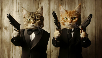Two cats dressed in suits with pistols, one cat wearing a suit and the other