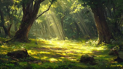 Obraz premium A forest clearing with a soft carpet moss, illuminated by beams golden sunlight