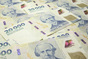 Argentine Money, Currency of Argentine, Pesos argentinos, various bills.Twenty thousand cash bills