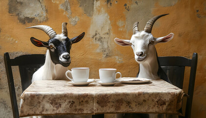 Two goats enjoying a cup of coffee at a table