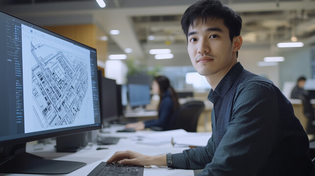 Young professional asian engineer sitting in modern office. Computer screen, which displays 3D modeling software, construction projects. Office environment, other colleagues working at desk. Chinese, 