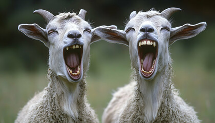 Two goats with open mouths, two funny goats laughing with their mouths open, goats screaming, goat teeth.