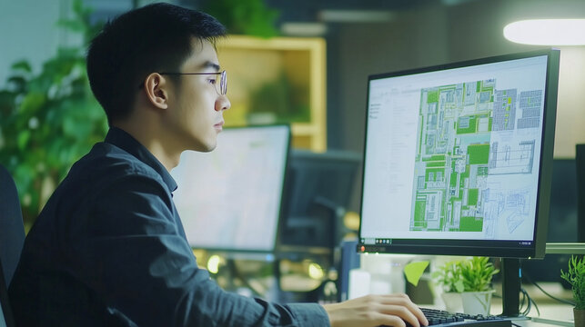 Young professional asian engineer sitting in modern office. Computer screen, which displays 3D modeling software, construction projects. Office environment, other colleagues working at desk. Chinese, 