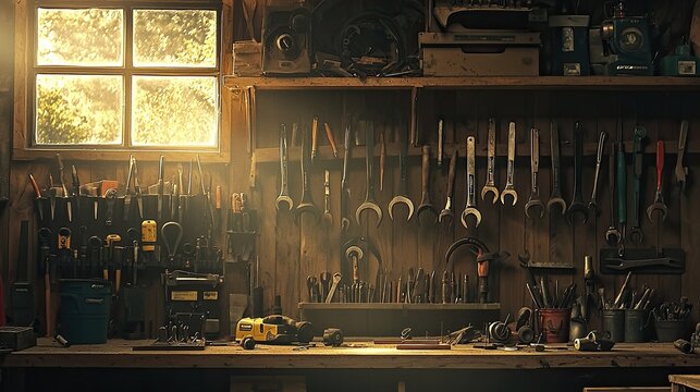 Craftsman tools in a rustic workshop home photography warm lighting close-up diy inspiration