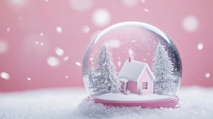 delicate snow globe containing a pink house surrounded by snow-covered trees, dreamy, pastel aesthetic with falling snowflakes, set against a soft pink background