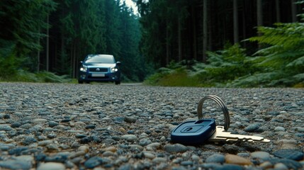 A modern family SUV drives swiftly past a dropped car key on an autumn road blanketed with leaves.