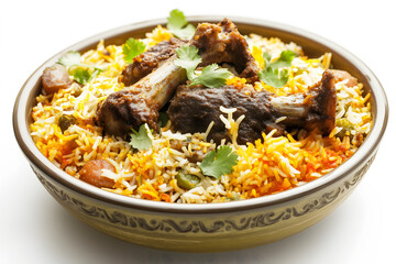 Fototapeta premium Traditional Goat Legs Kabuli Biryani Dish, Isolated on a White Background for Use in Product Banners, Marketing Promotions, and Decorative Covers.