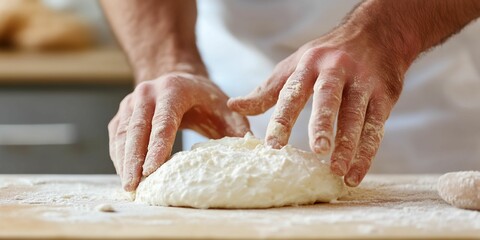 Man is kneading dough on a wooden table