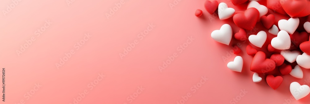 Poster many small red and white hearts forming a corner frame on a coral pink background creating a romanti