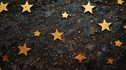 gold black  glitter with gold stars on ground, festive dreamy sparkle abstract background
