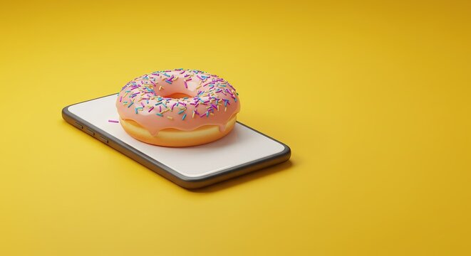 Pink Donut on Smartphone with Yellow Background. This image is ideal for use in creative design projects, advertisements, and articles focused on the intersection of food.