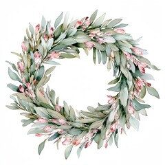 Obraz premium Wreath made of green leaves and pink flowers