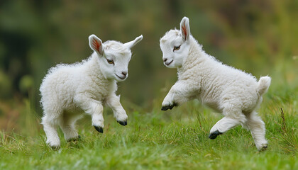 Obraz premium Two white goats playing in the grass. Two little babies, cute friends.