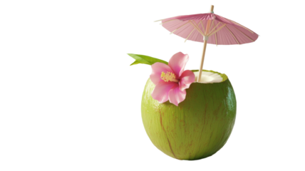 Green coconut with pink flower and straw, isolated on transparent background