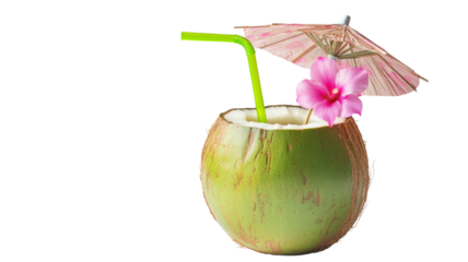 Green coconut with pink flower and straw, isolated on transparent background