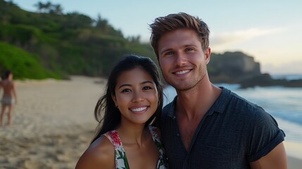 Obraz premium young love couple man and woman relax together at peaceful beach 